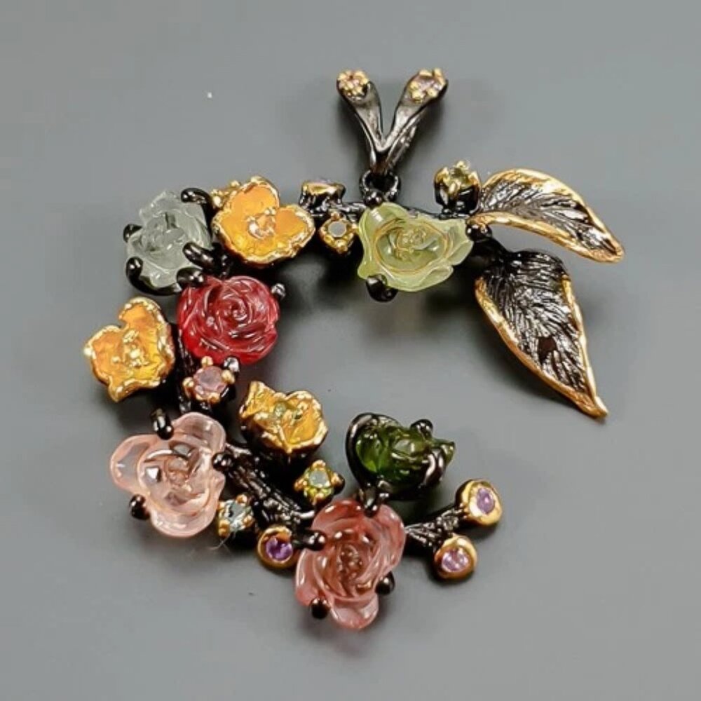 Pendant 12 CT Tourmaline with Citrine Amethyst and Peridot accents 925